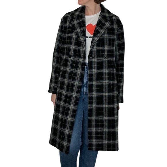 Oak and Fort Oversized Plaid Wool Blend Coat Double Breasted Black Gray Small - Picture 1 of 16